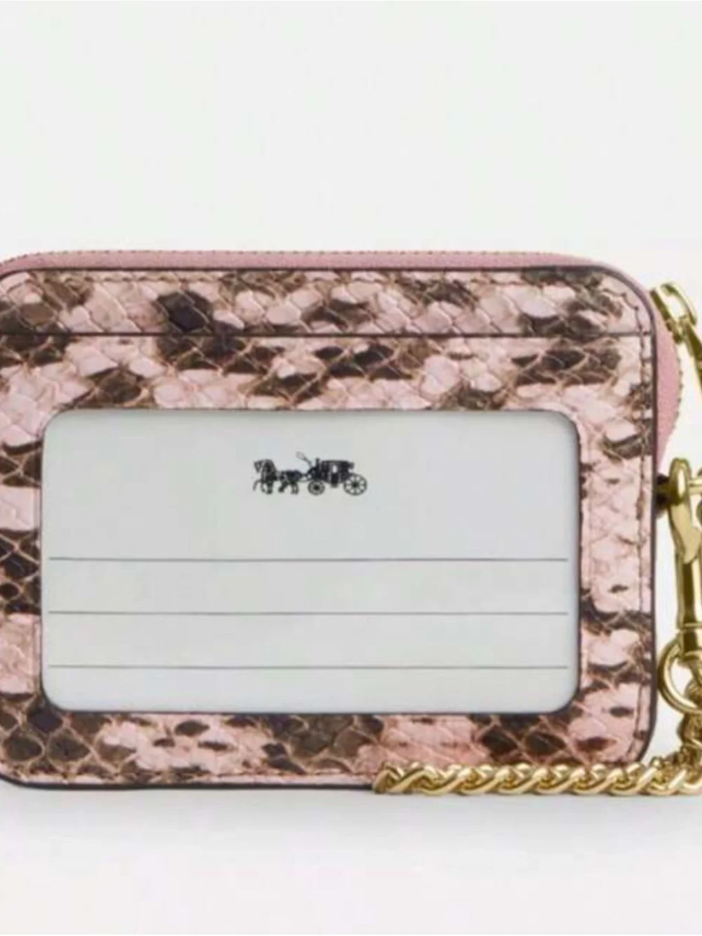 Coach Pink Snake-Embossed Card Case with Gold Chain Accent